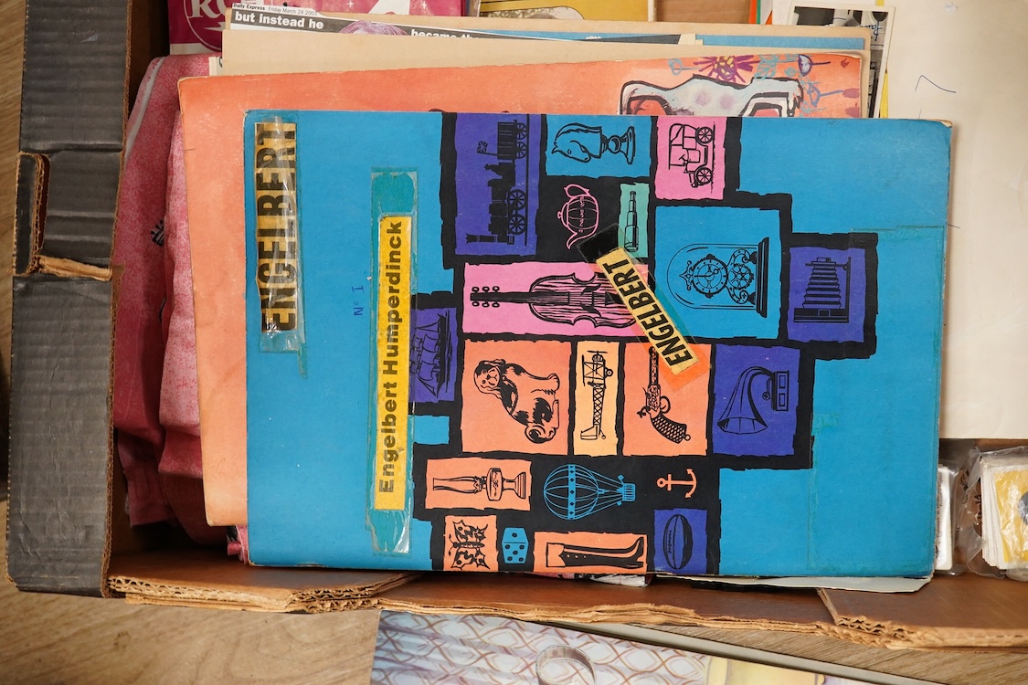 A collection of original 1960s pop memorabilia including The Beatles related items; a pair of Beatles curtains together with some spare material, a brooch on its original backing card, and a number of magazines, a 1979 W